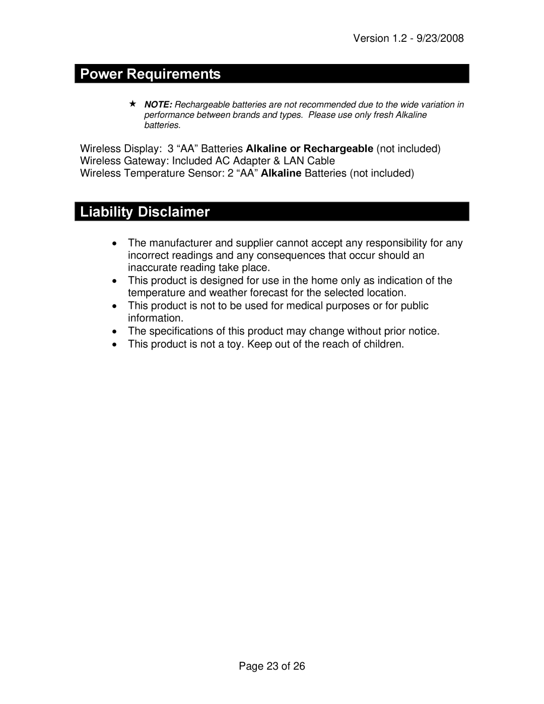 La Crosse Technology WD-2512U owner manual Power Requirements, Liability Disclaimer 