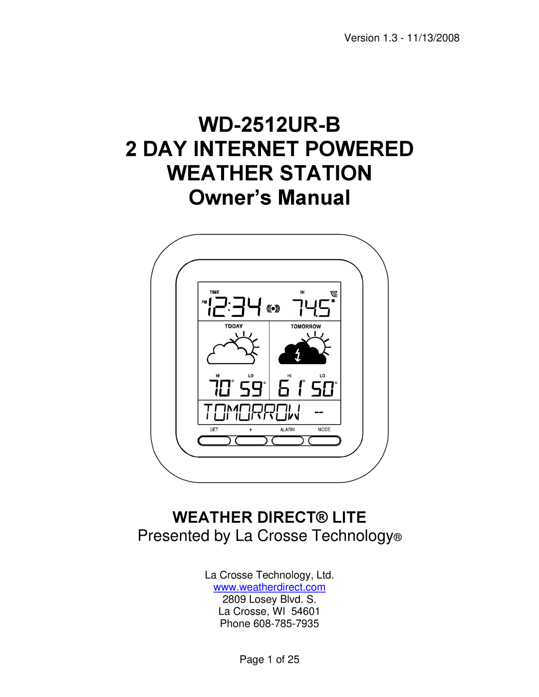 La Crosse Technology WD-2512UR-B owner manual DAY Internet Powered Weather Station 