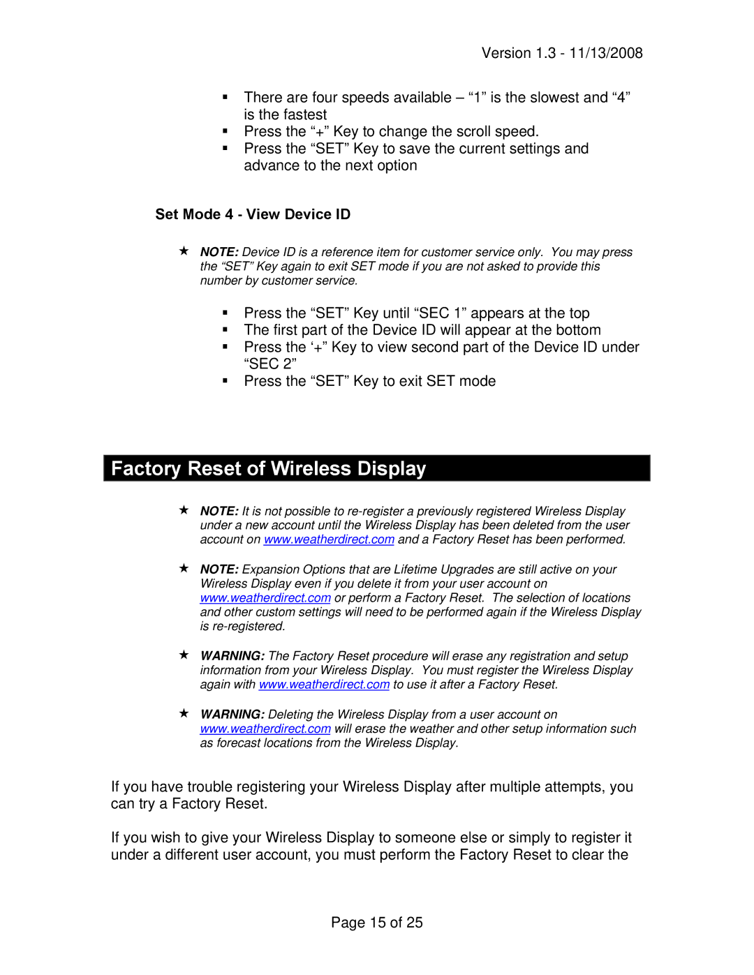 La Crosse Technology WD-2512UR-B owner manual Factory Reset of Wireless Display, Set Mode 4 View Device ID 