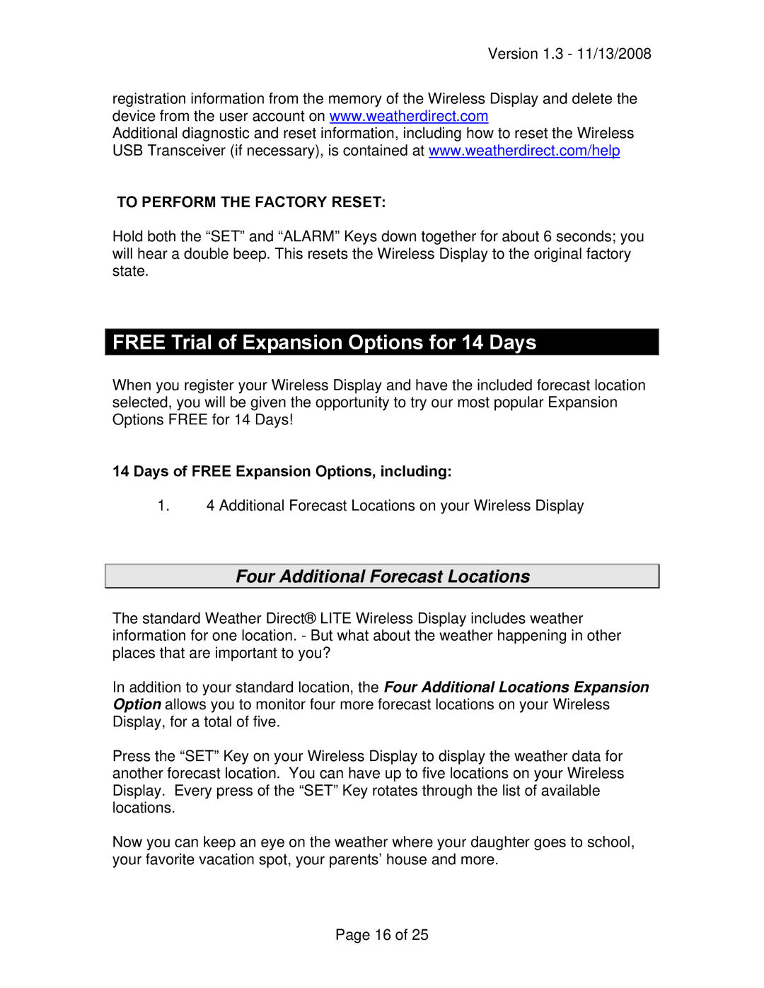 La Crosse Technology WD-2512UR-B owner manual Free Trial of Expansion Options for 14 Days, To Perform the Factory Reset 