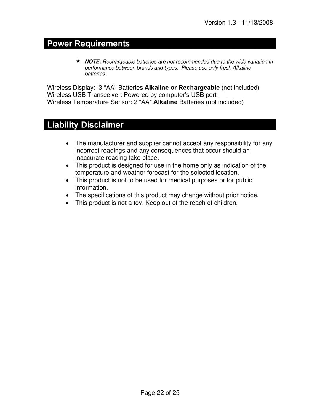 La Crosse Technology WD-2512UR-B owner manual Power Requirements, Liability Disclaimer 