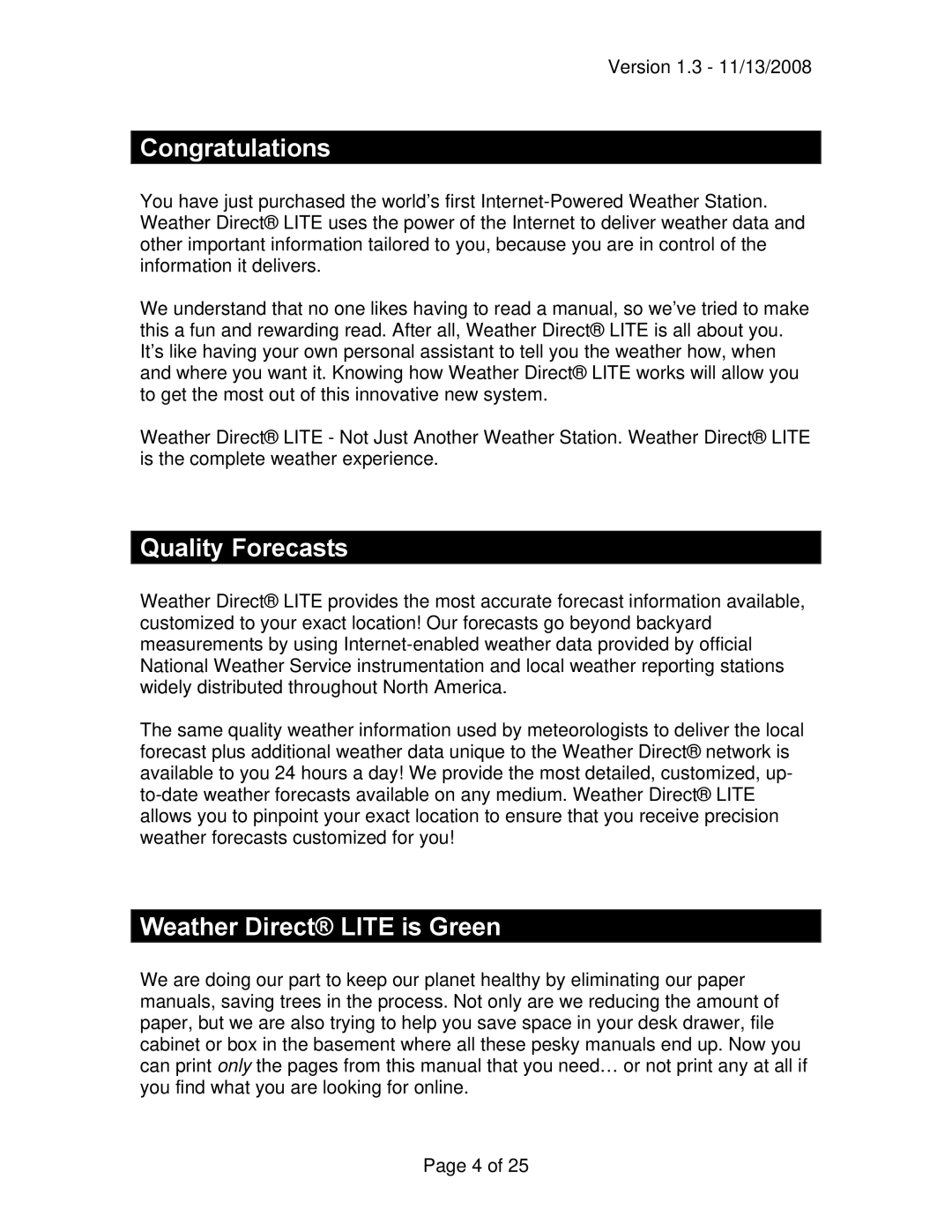 La Crosse Technology WD-2512UR-B owner manual Congratulations, Quality Forecasts, Weather Direct Lite is Green 