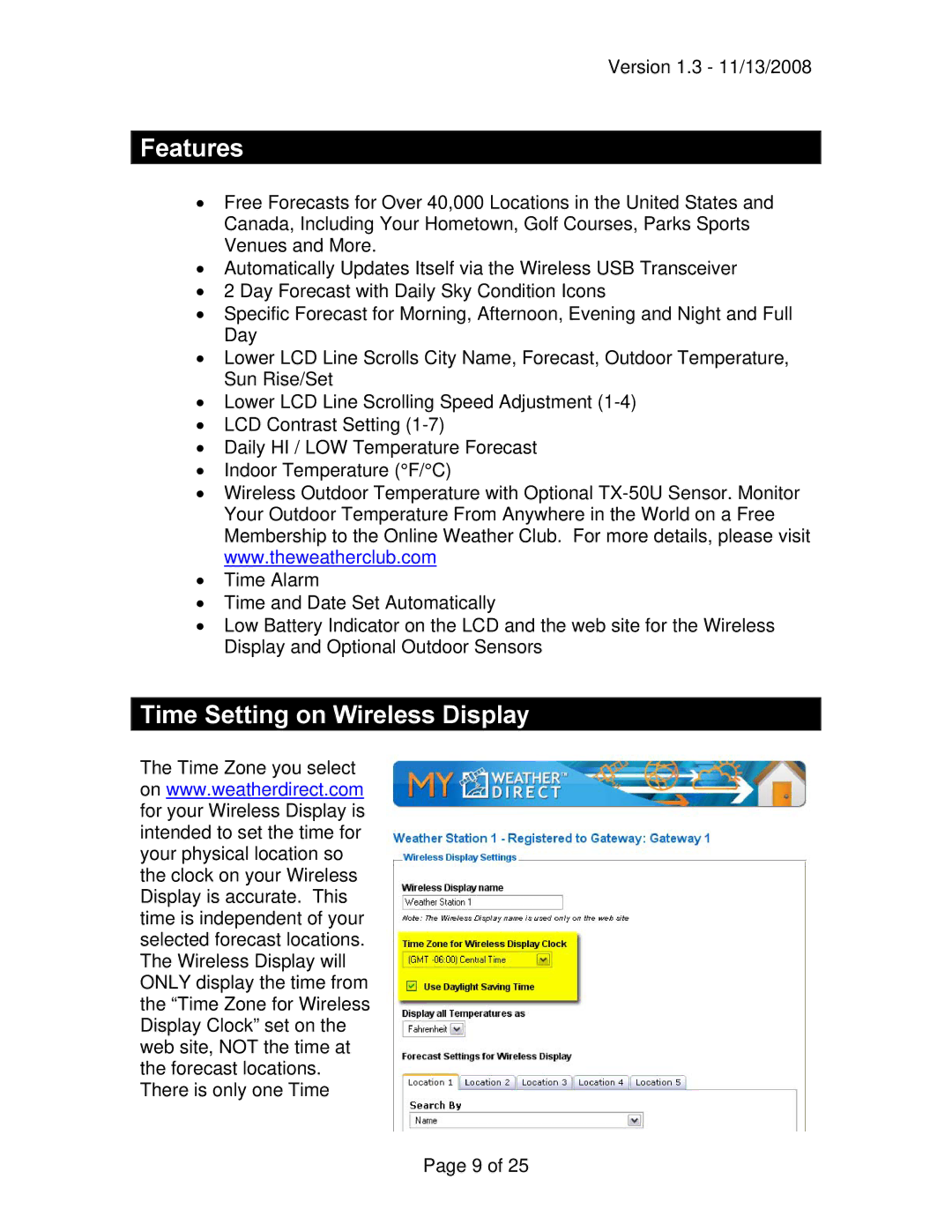 La Crosse Technology WD-2512UR-B owner manual Features, Time Setting on Wireless Display 