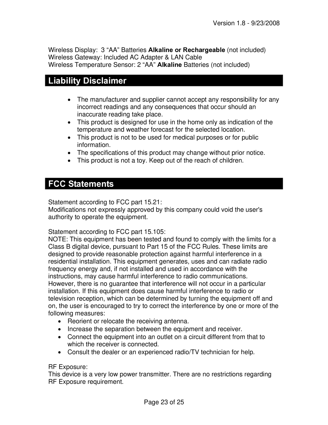 La Crosse Technology WD-2513U owner manual Liability Disclaimer, FCC Statements 