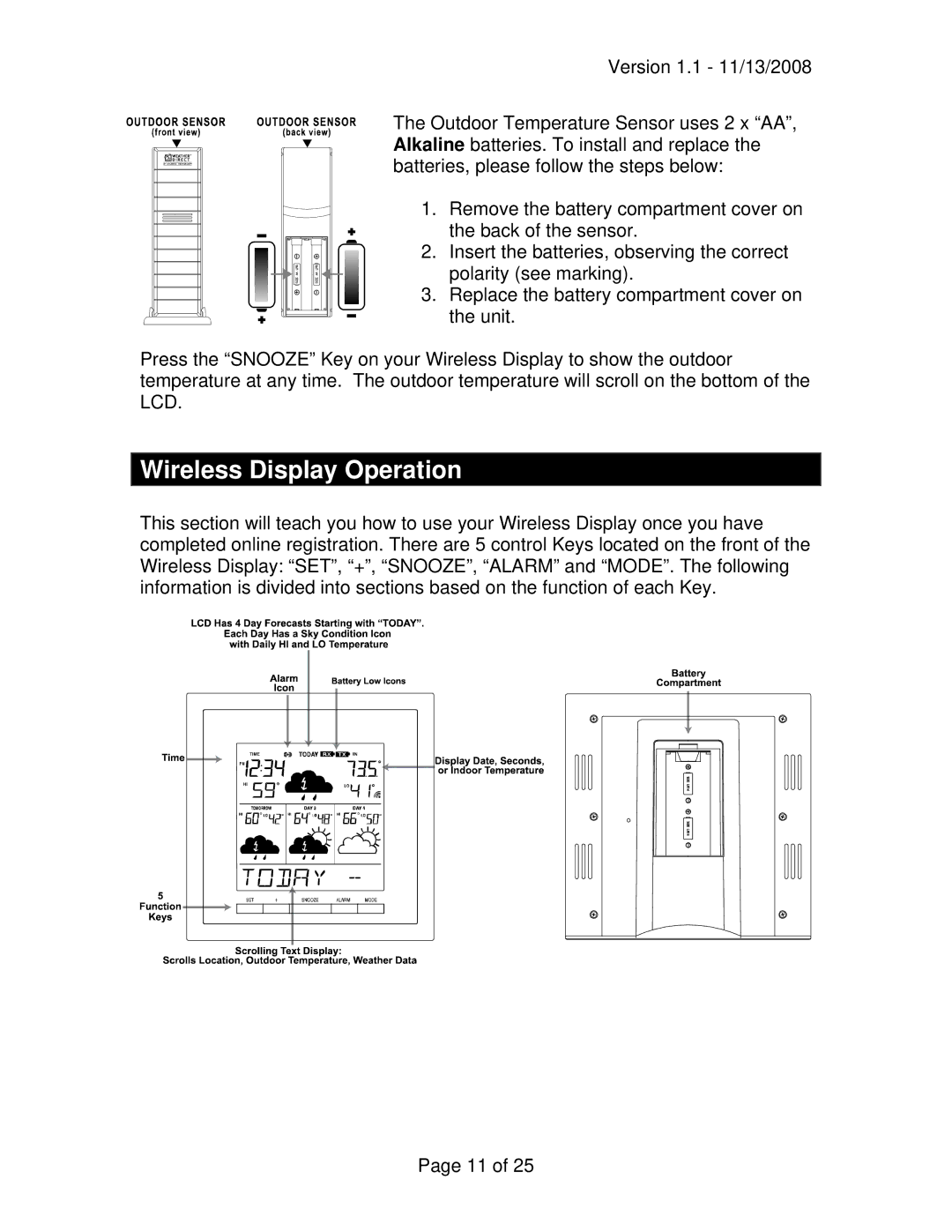 La Crosse Technology WD-3102U owner manual Wireless Display Operation 