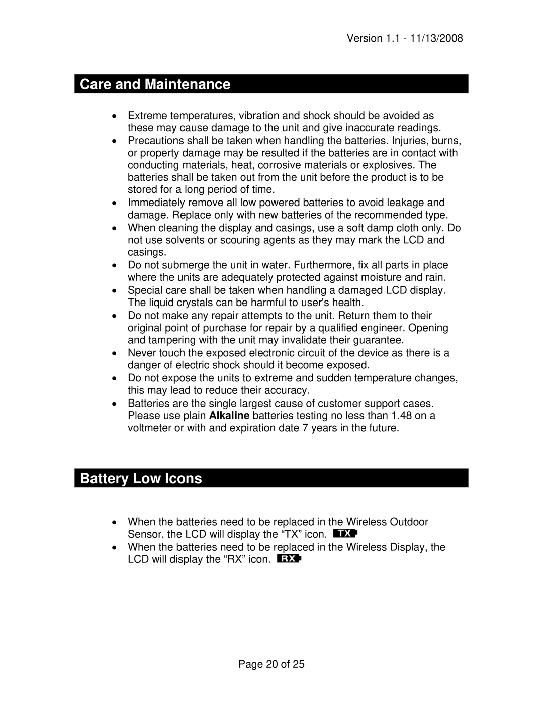 La Crosse Technology WD-3102U owner manual Care and Maintenance, Battery Low Icons 