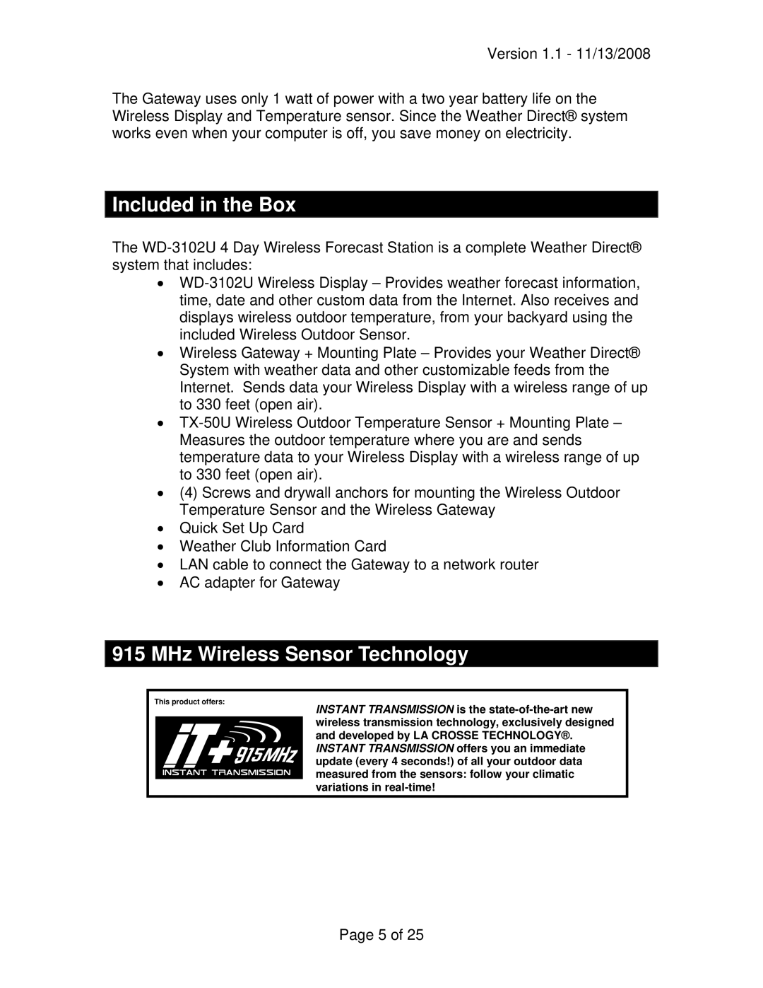 La Crosse Technology WD-3102U owner manual Included in the Box, MHz Wireless Sensor Technology 