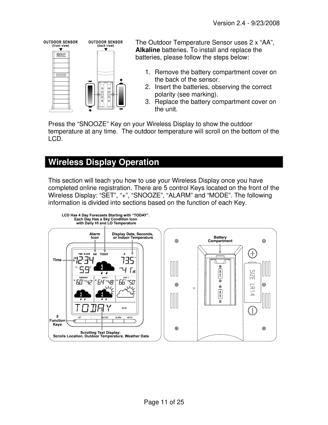 La Crosse Technology WD-3103U owner manual Wireless Display Operation 