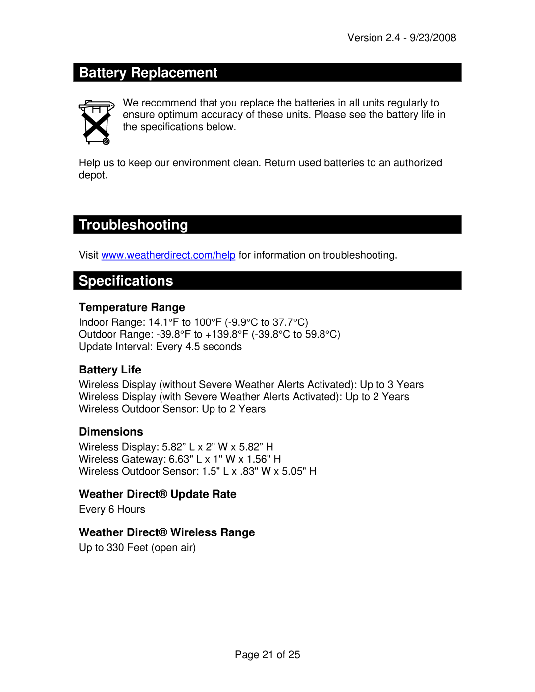 La Crosse Technology WD-3103U owner manual Battery Replacement, Troubleshooting Specifications 