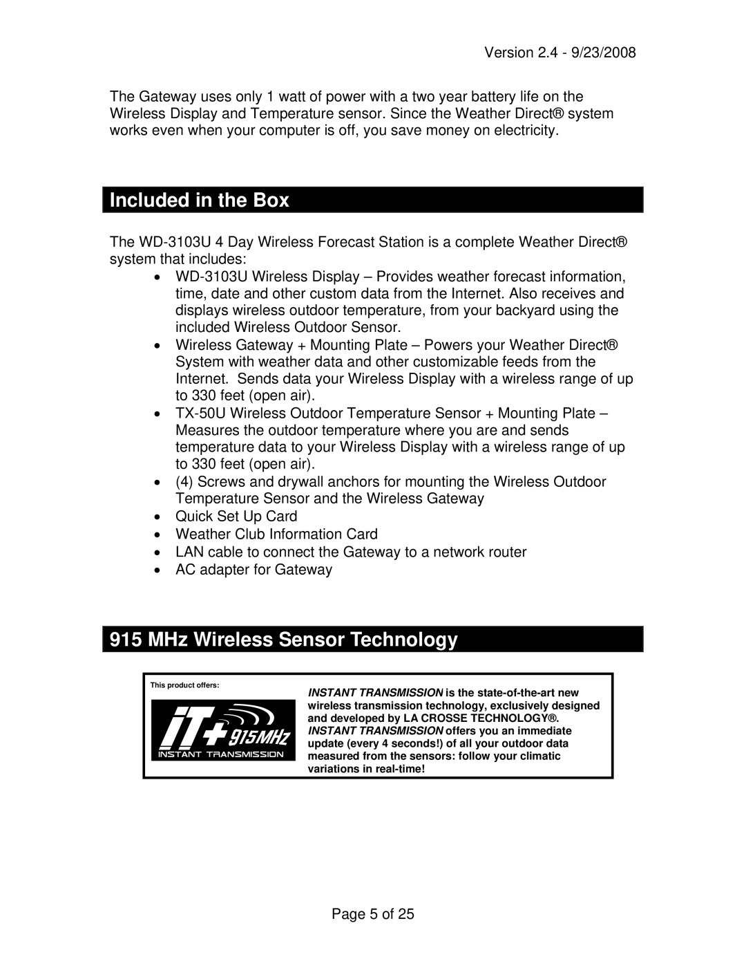 La Crosse Technology WD-3103U owner manual Included in the Box, MHz Wireless Sensor Technology 