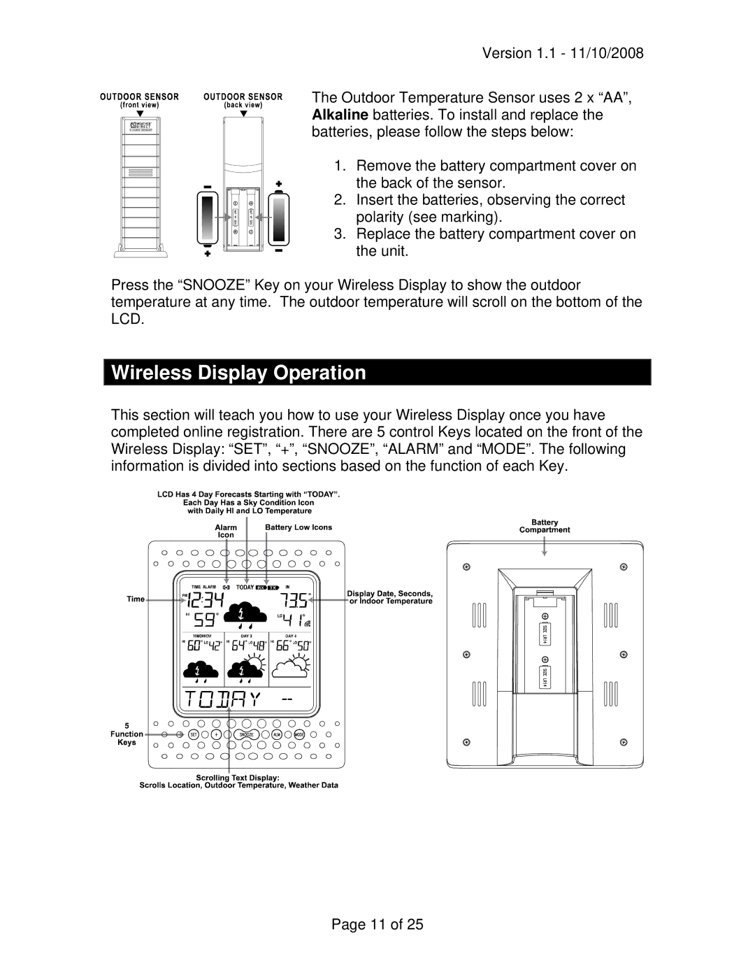 La Crosse Technology WD-3104U owner manual Wireless Display Operation 