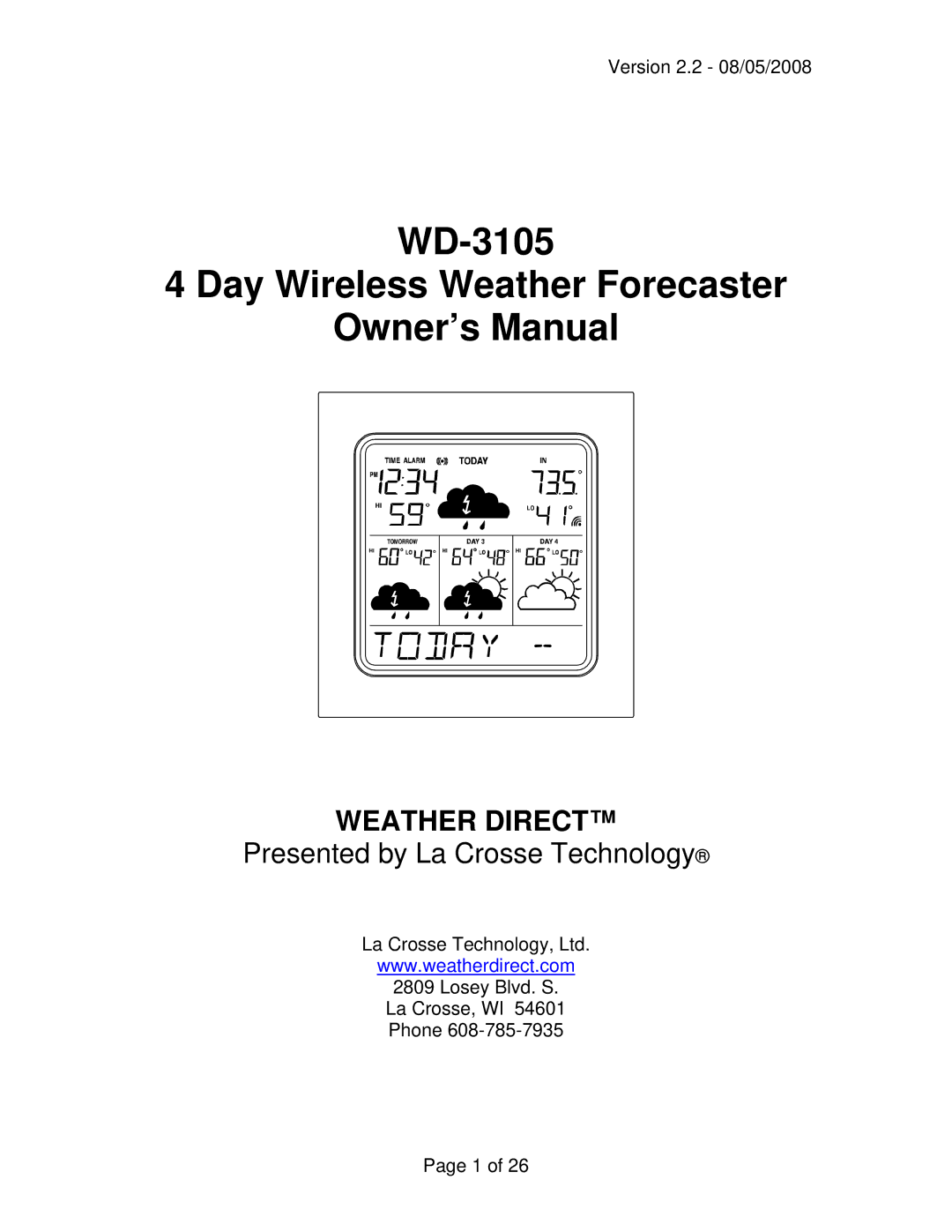 La Crosse Technology owner manual WD-3105 Day Wireless Weather Forecaster 