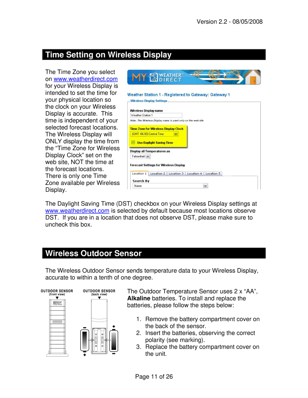 La Crosse Technology WD-3105 owner manual Time Setting on Wireless Display Wireless Outdoor Sensor 