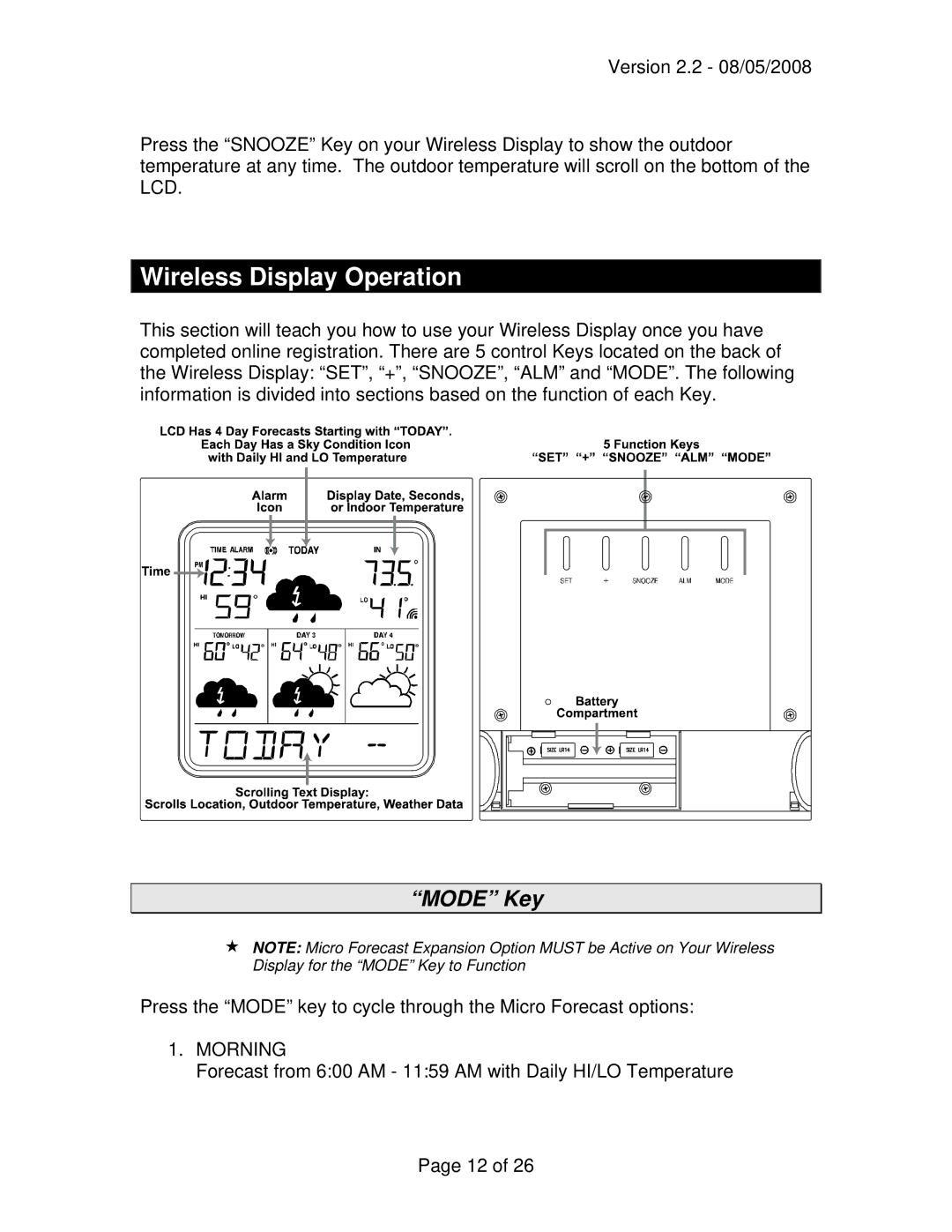 La Crosse Technology WD-3105 owner manual Wireless Display Operation, Mode Key 