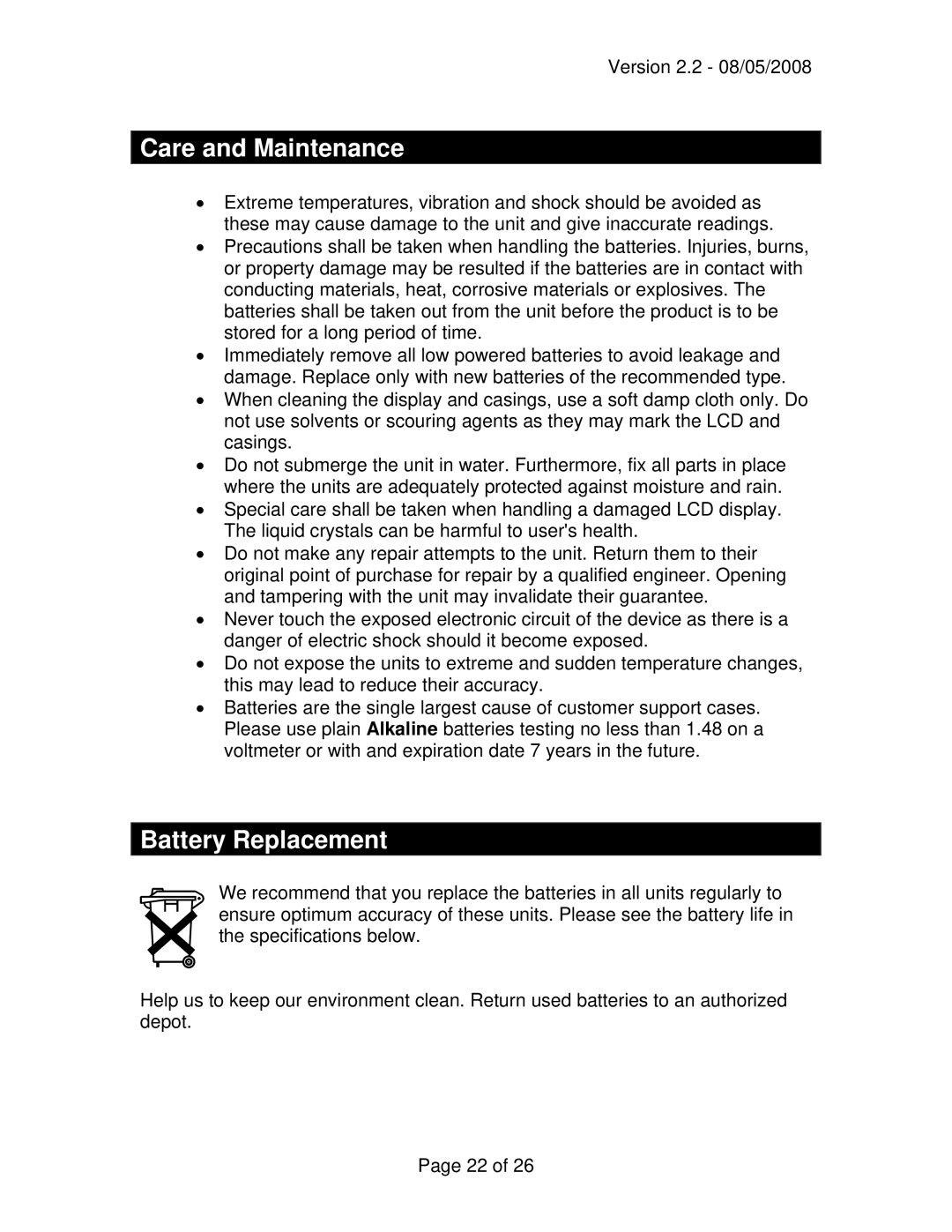 La Crosse Technology WD-3105 owner manual Care and Maintenance, Battery Replacement 