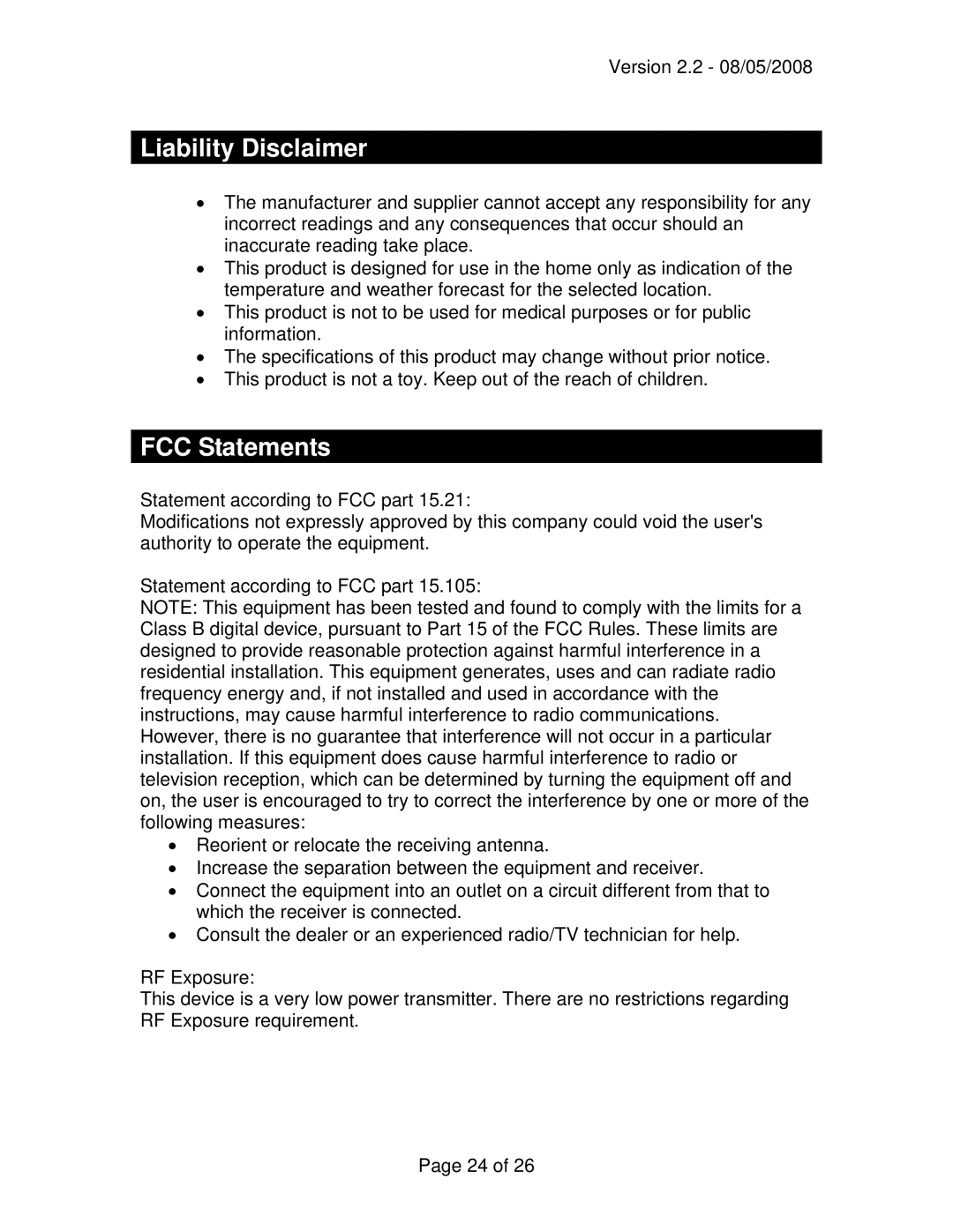 La Crosse Technology WD-3105 owner manual Liability Disclaimer, FCC Statements 