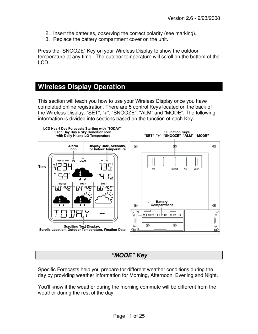 La Crosse Technology WD-3105 owner manual Wireless Display Operation, Mode Key 