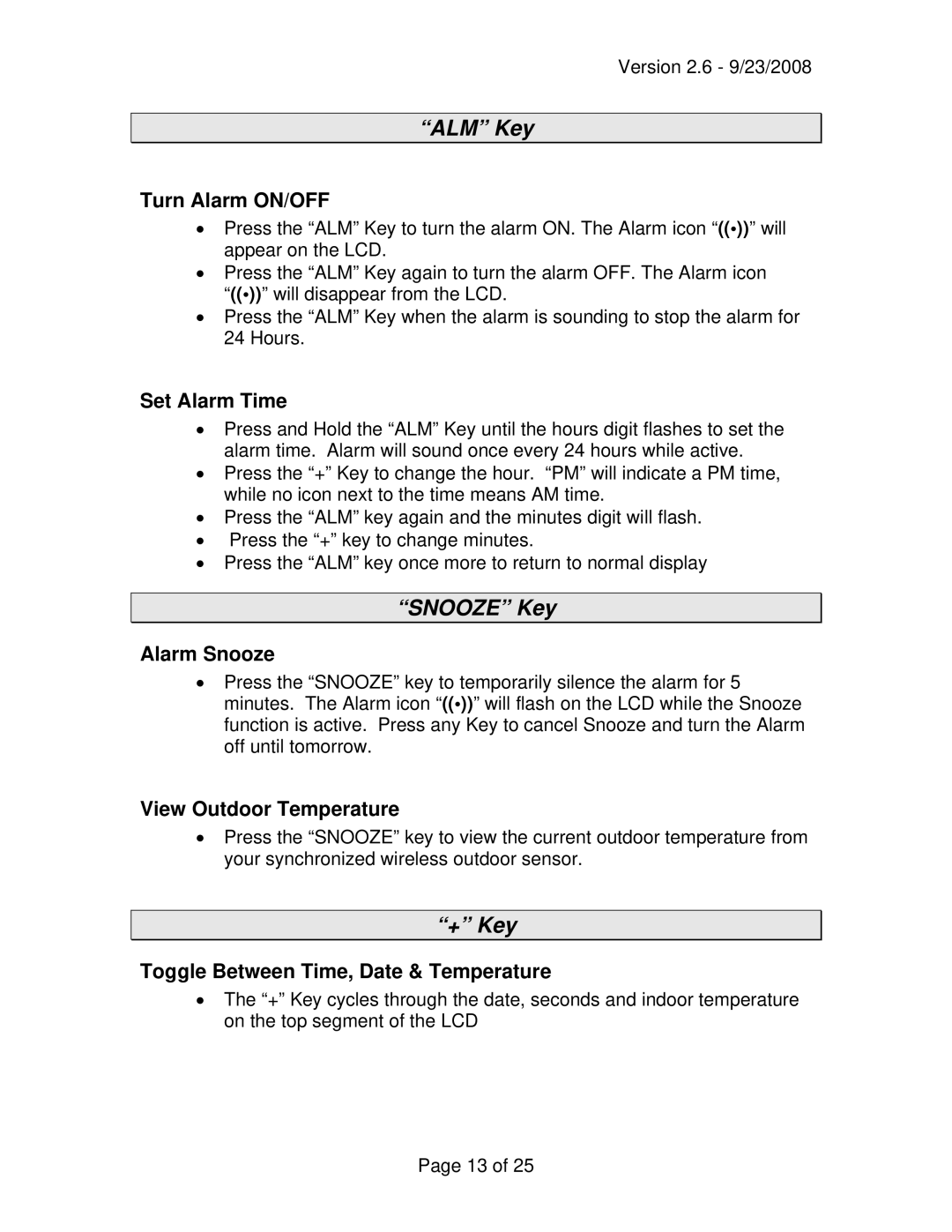 La Crosse Technology WD-3105 owner manual ALM Key, Snooze Key, + Key 