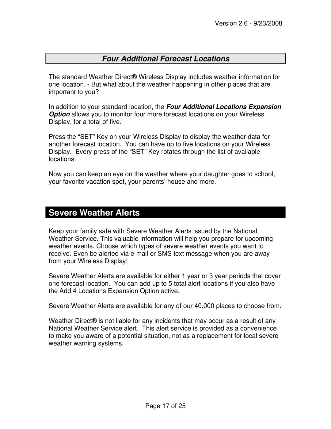 La Crosse Technology WD-3105 owner manual Severe Weather Alerts, Four Additional Forecast Locations 