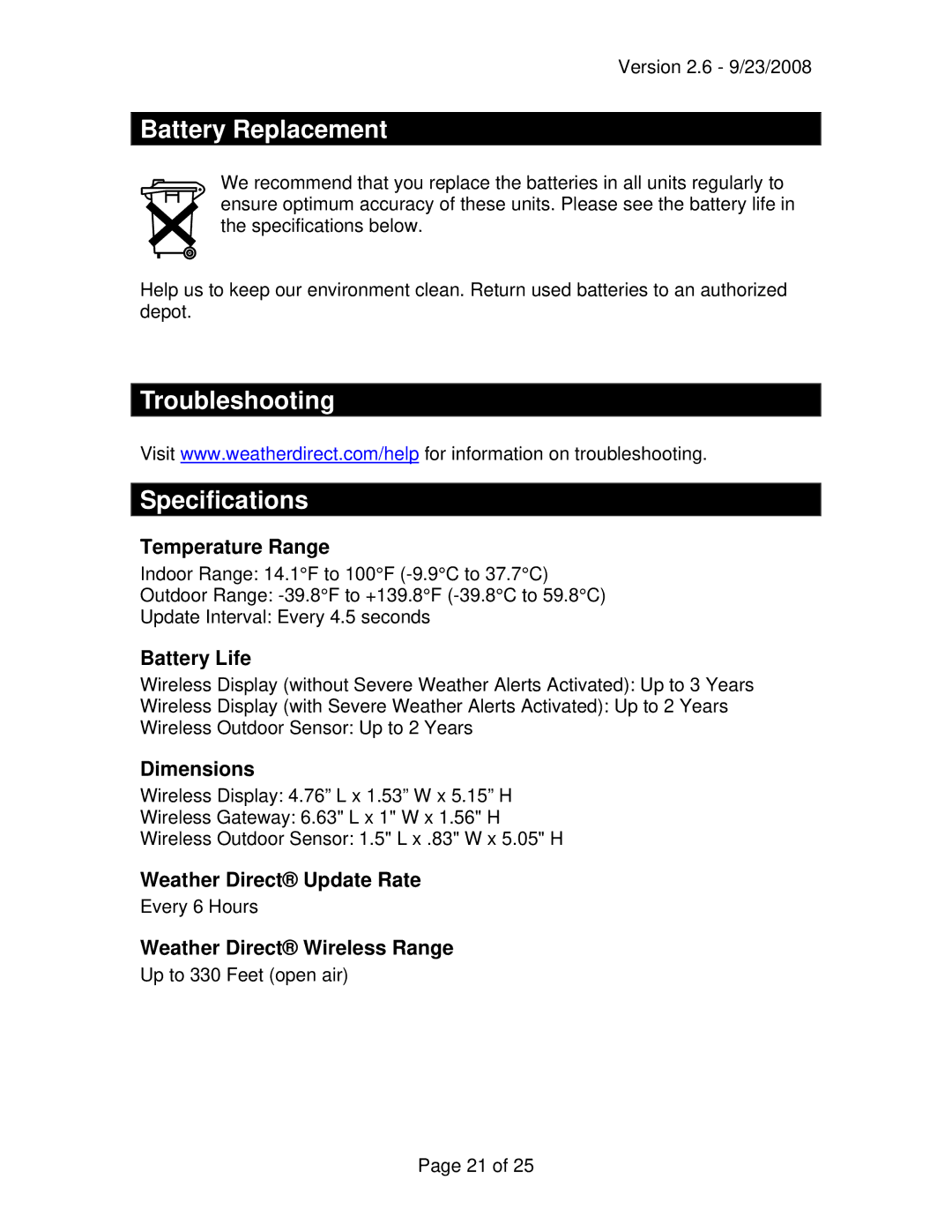 La Crosse Technology WD-3105 owner manual Battery Replacement, Troubleshooting Specifications 