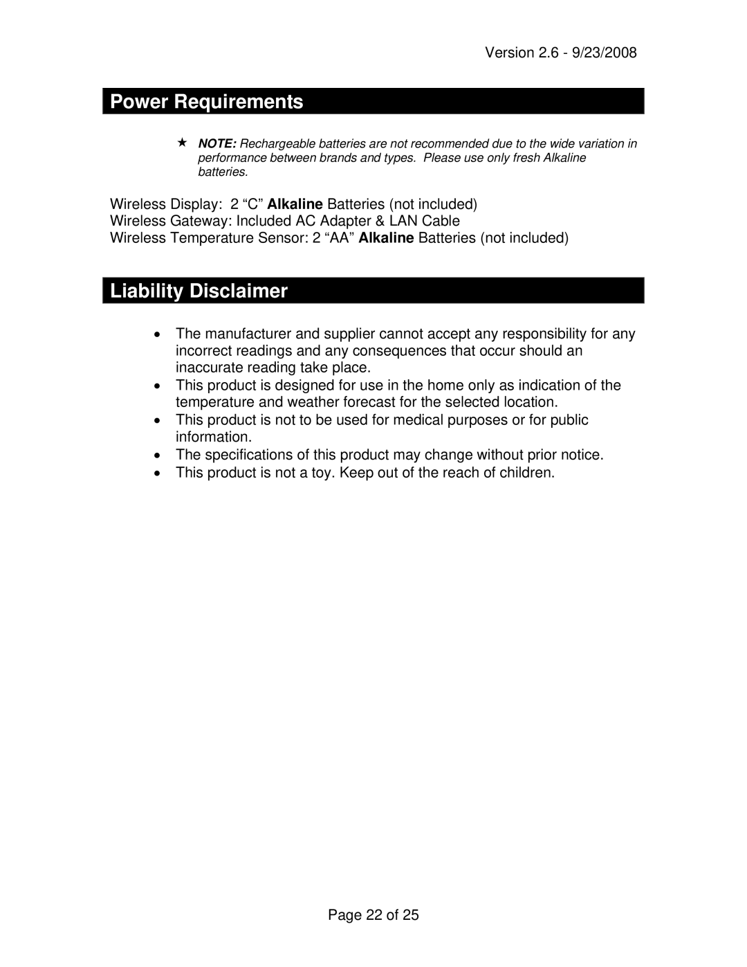 La Crosse Technology WD-3105 owner manual Power Requirements, Liability Disclaimer 