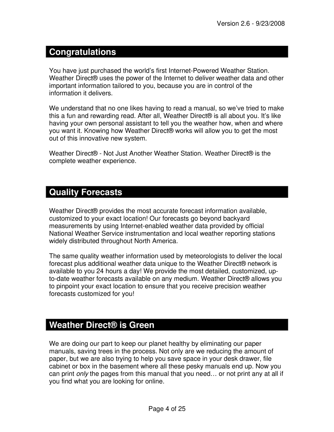 La Crosse Technology WD-3105 owner manual Congratulations, Quality Forecasts, Weather Direct is Green 