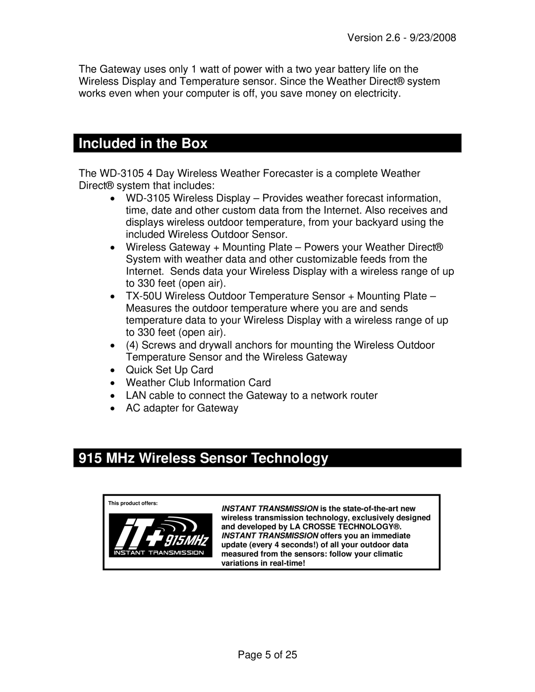 La Crosse Technology WD-3105 owner manual Included in the Box, MHz Wireless Sensor Technology 