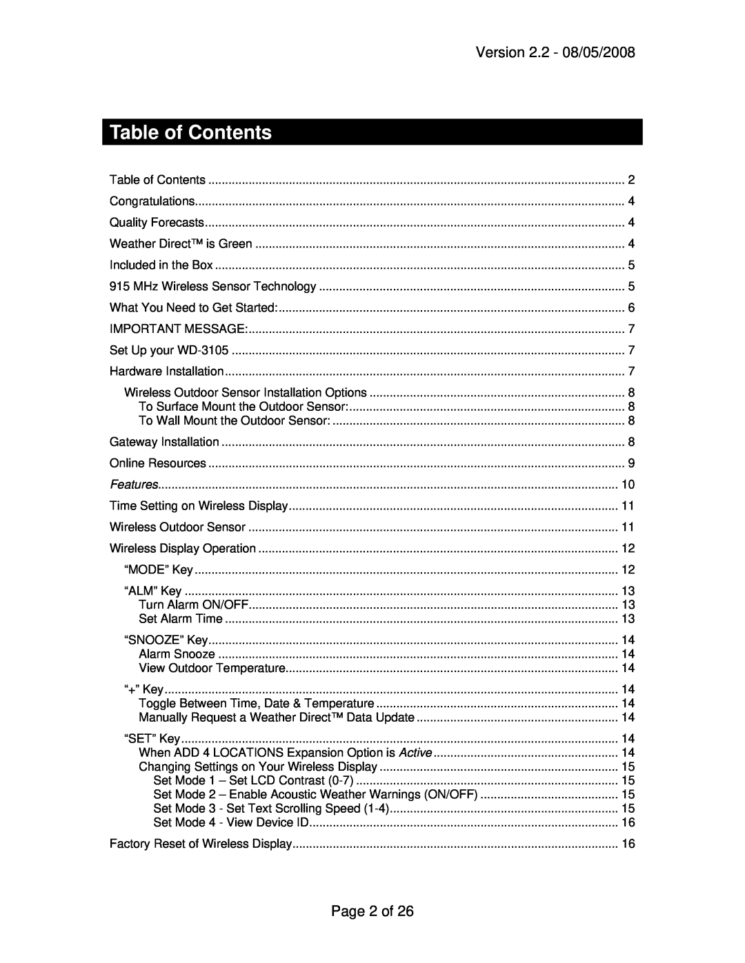 La Crosse Technology WD-3105 owner manual Table of Contents, Version 2.2 - 08/05/2008, Page 2 of 