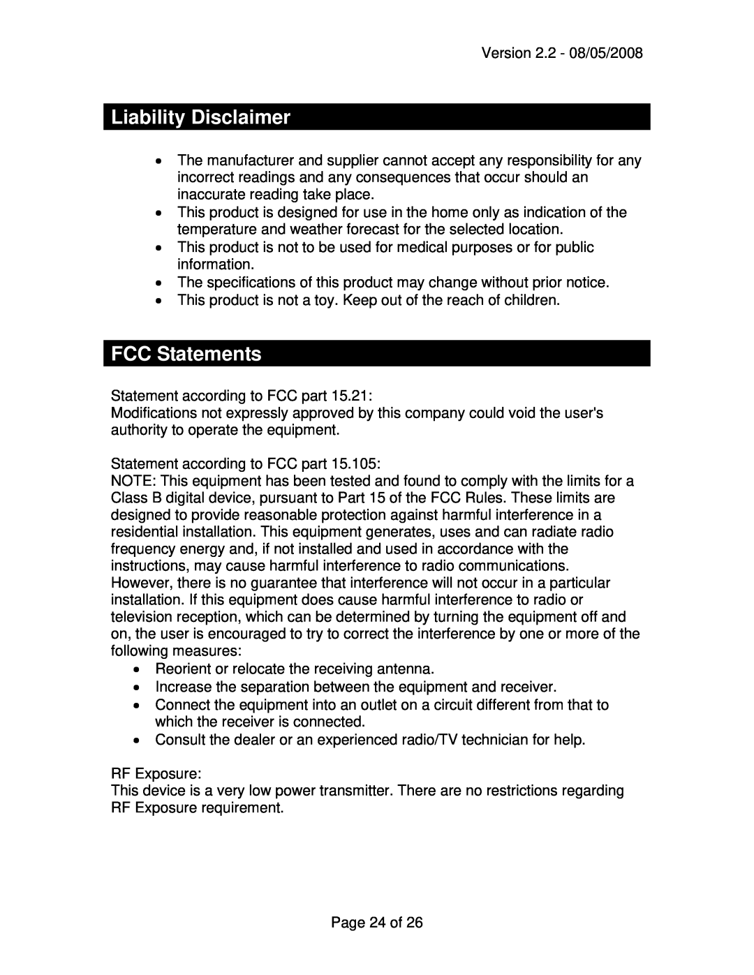 La Crosse Technology WD-3105 owner manual Liability Disclaimer, FCC Statements 