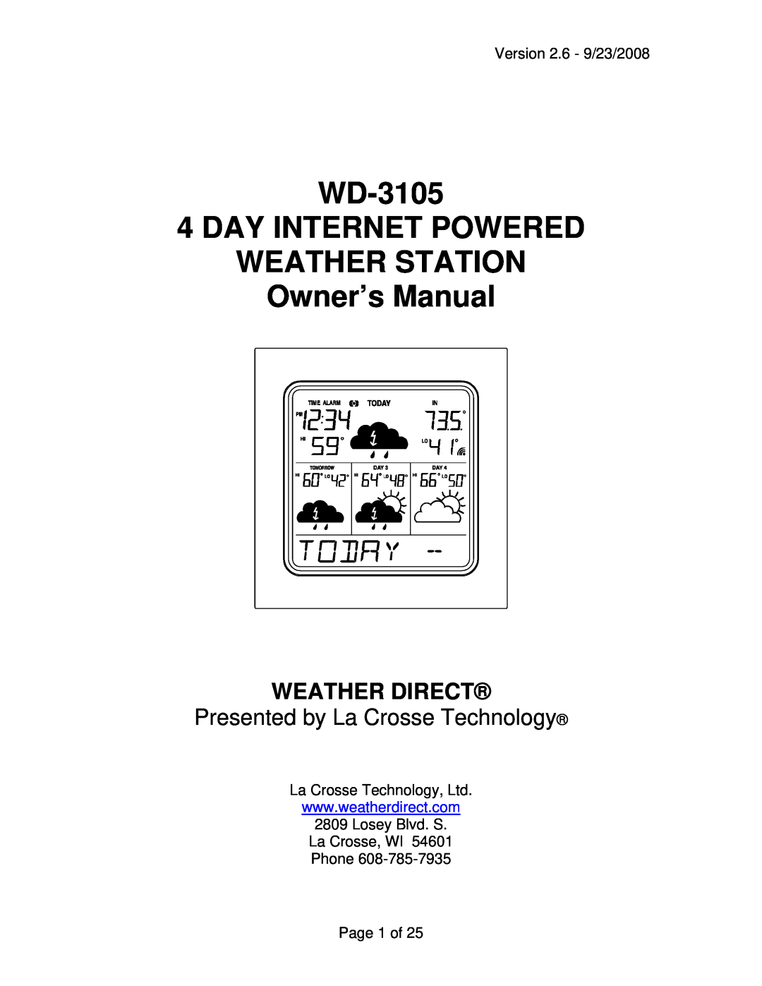 La Crosse Technology owner manual WD-3105 4 Day Wireless Weather Forecaster, Weather Direct 
