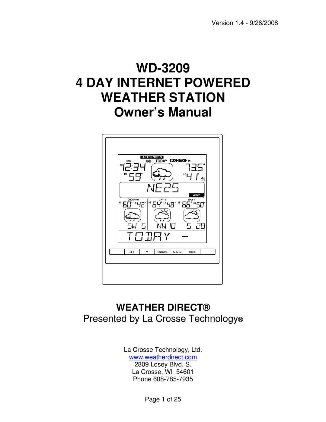 La Crosse Technology WD-3209 owner manual DAY Internet Powered Weather Station 