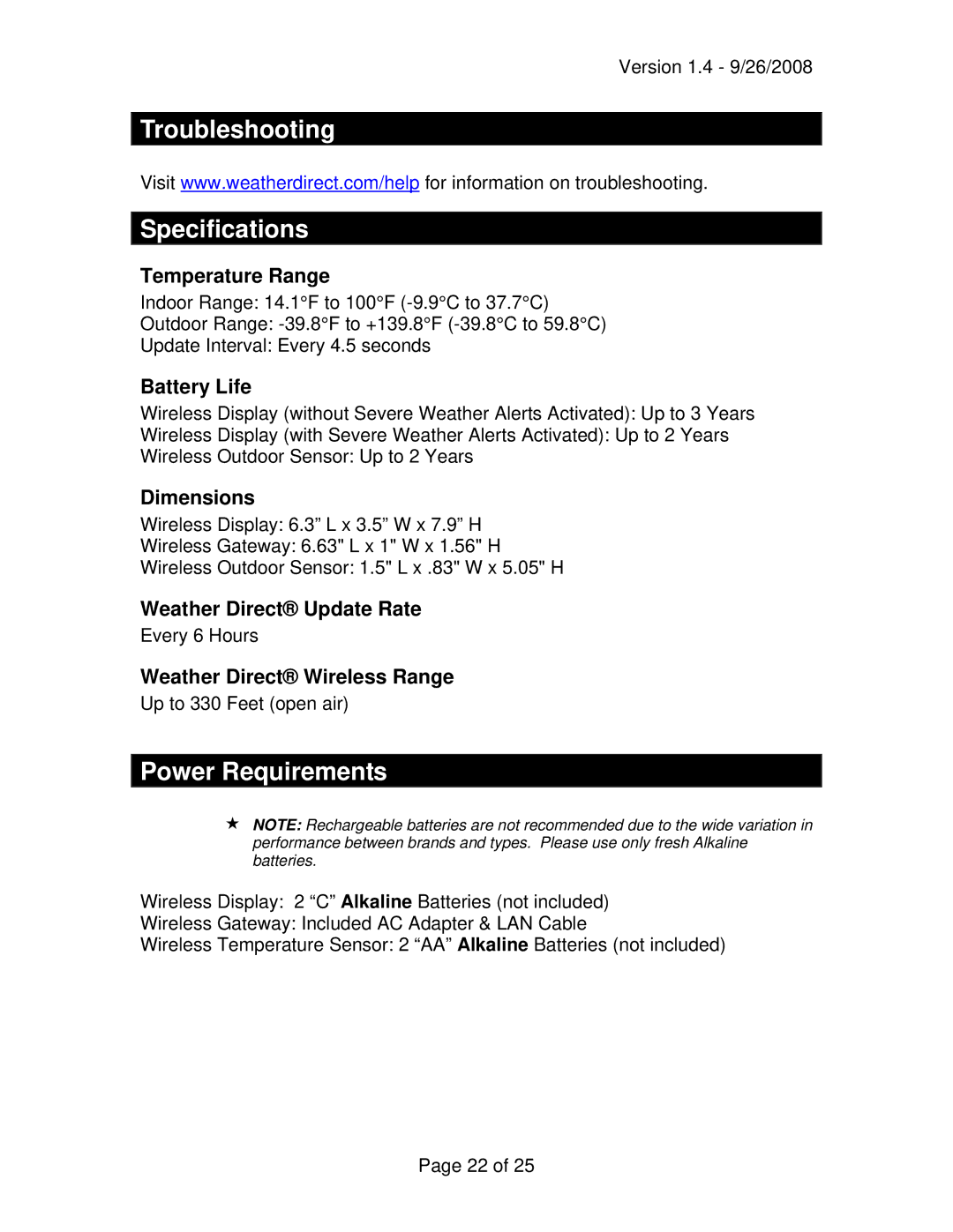 La Crosse Technology WD-3209 owner manual Troubleshooting Specifications, Power Requirements 