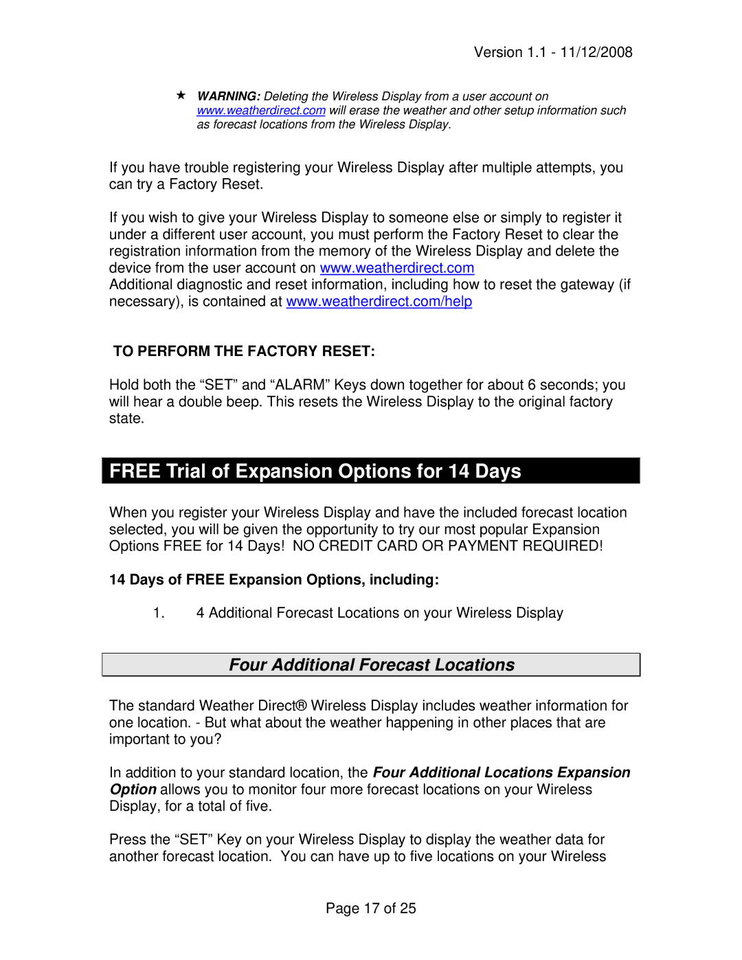 La Crosse Technology WD-3210 owner manual Free Trial of Expansion Options for 14 Days, Four Additional Forecast Locations 