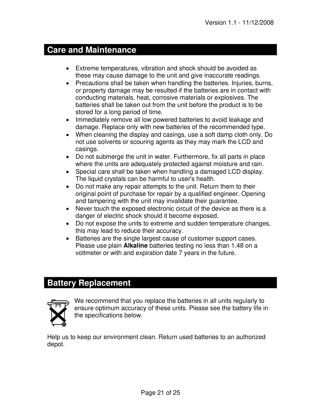 La Crosse Technology WD-3210 owner manual Care and Maintenance, Battery Replacement 