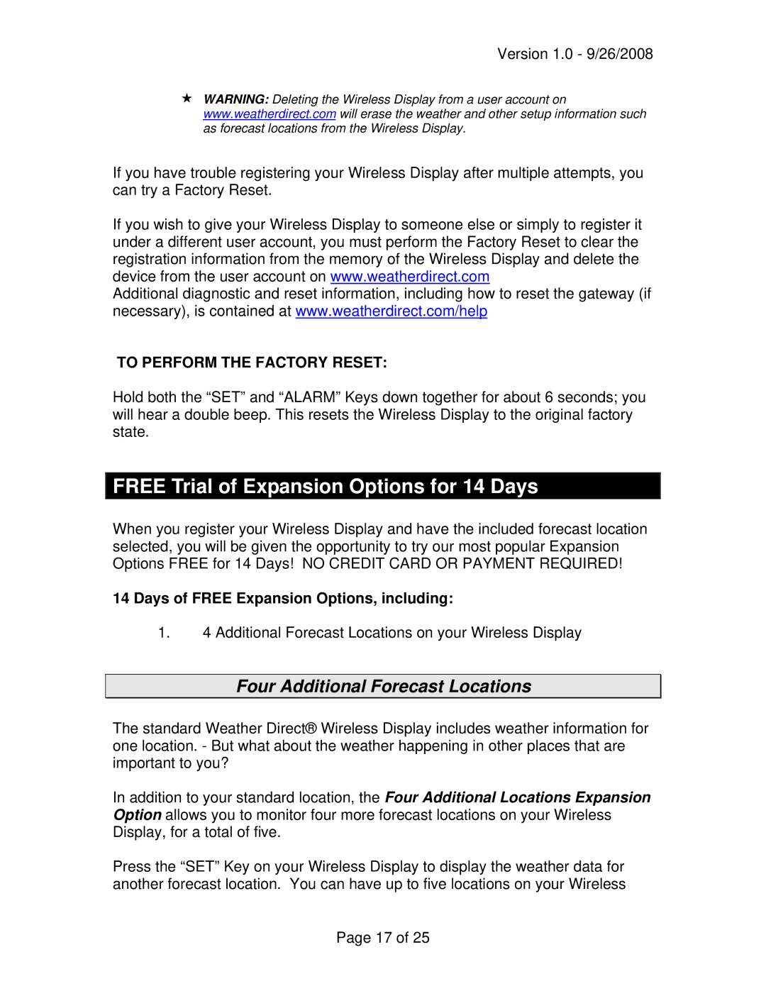 La Crosse Technology WD-3302 owner manual Free Trial of Expansion Options for 14 Days, Four Additional Forecast Locations 