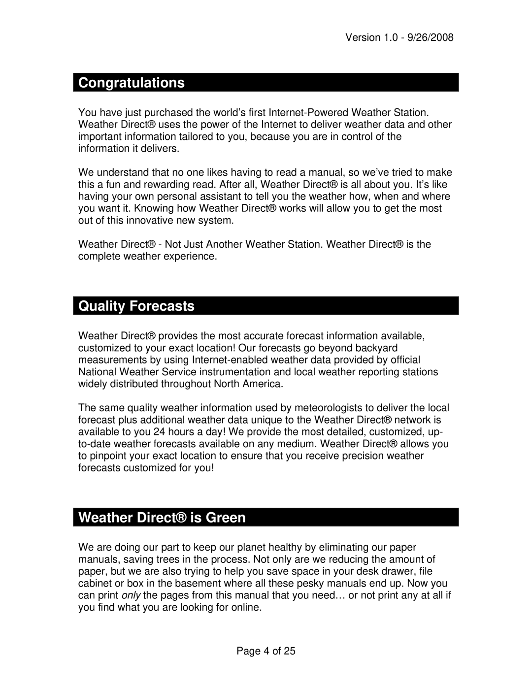 La Crosse Technology WD-3302 owner manual Congratulations, Quality Forecasts, Weather Direct is Green 