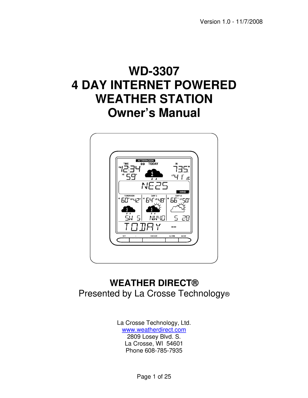 La Crosse Technology WD-3307 owner manual DAY Internet Powered Weather Station 