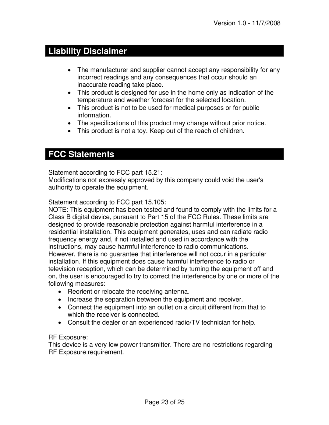 La Crosse Technology WD-3307 owner manual Liability Disclaimer, FCC Statements 