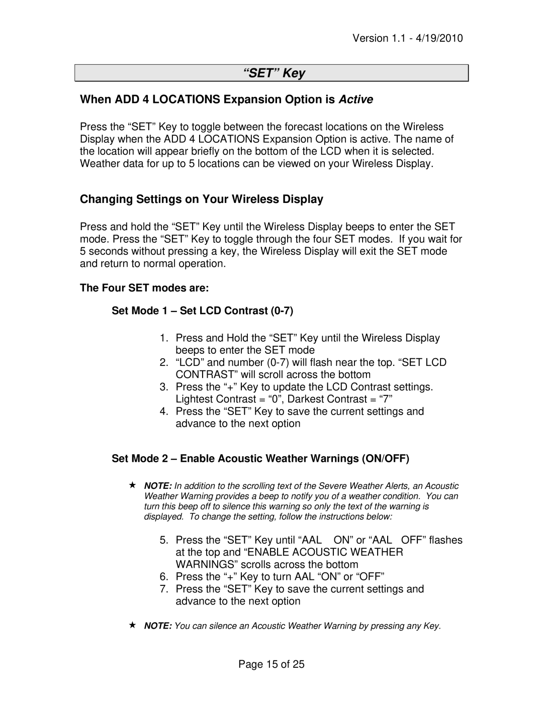 La Crosse Technology WD-9535 owner manual SET Key, When ADD 4 Locations Expansion Option is Active 