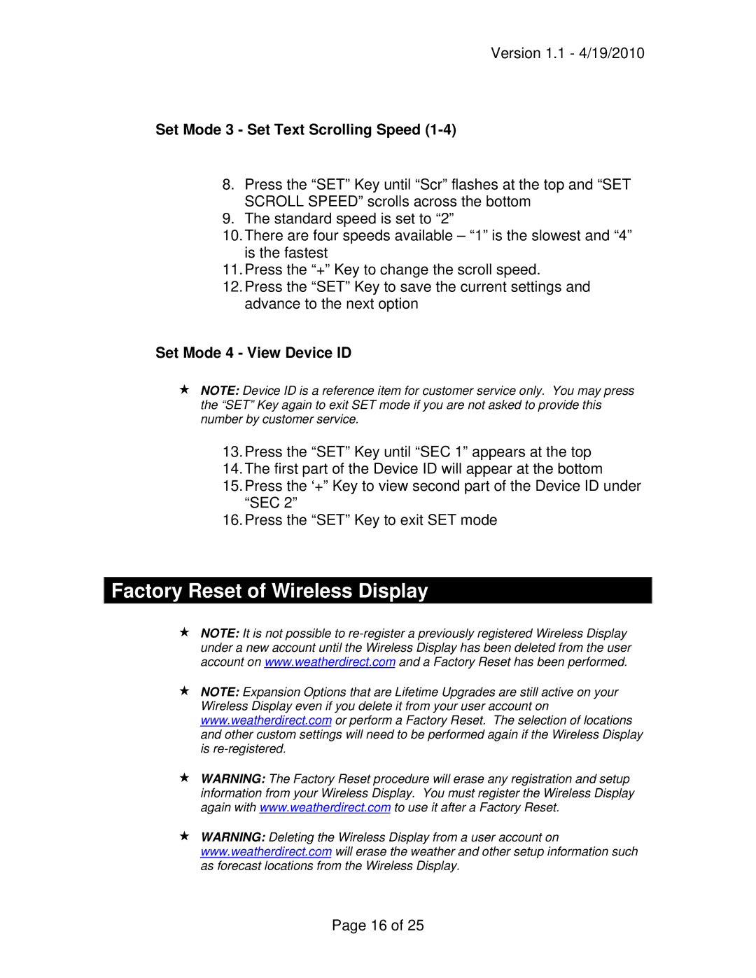 La Crosse Technology WD-9535 owner manual Factory Reset of Wireless Display, Set Mode 3 Set Text Scrolling Speed 