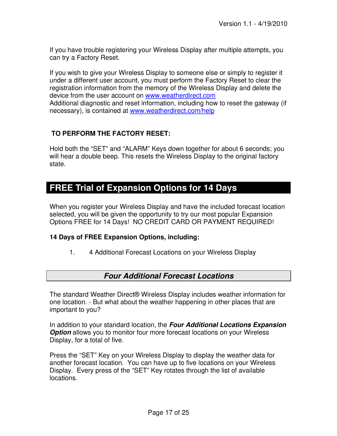 La Crosse Technology WD-9535 owner manual Free Trial of Expansion Options for 14 Days, Four Additional Forecast Locations 