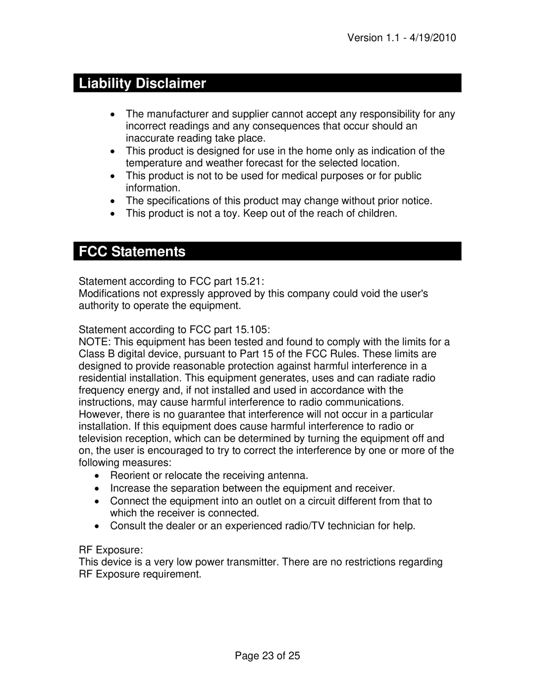 La Crosse Technology WD-9535 owner manual Liability Disclaimer, FCC Statements 