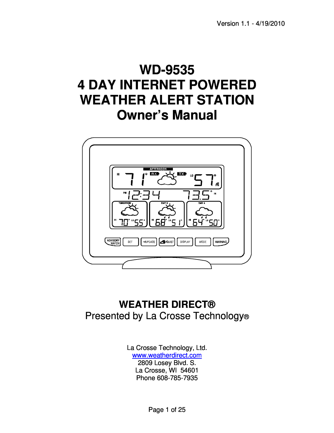 La Crosse Technology WD-9535 owner manual Weather Direct, Presented by La Crosse Technology 