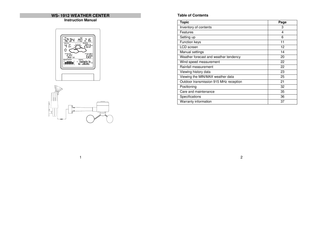 La Crosse Technology instruction manual WS- 1912 Weather Center 