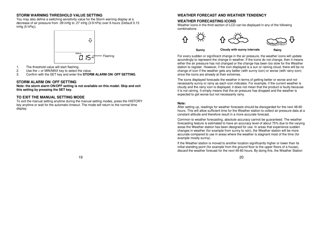 La Crosse Technology WS- 1912 instruction manual Storm Warning Threshold Value Setting 