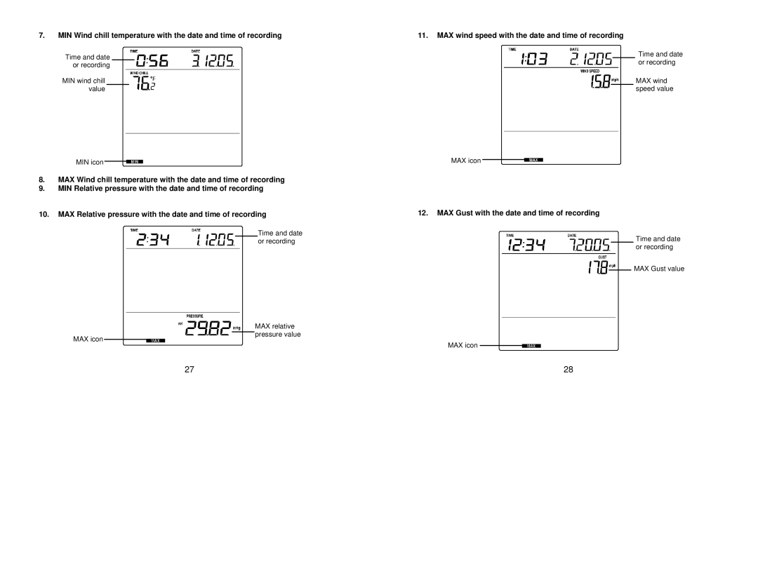 La Crosse Technology WS- 1912 instruction manual MAX wind speed with the date and time of recording 