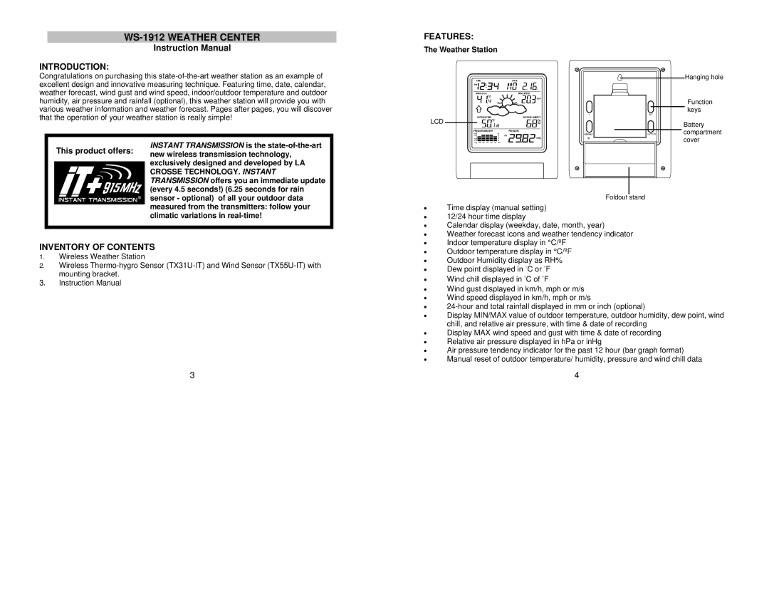 La Crosse Technology WS- 1912 instruction manual Introduction, Features, Inventory of Contents 