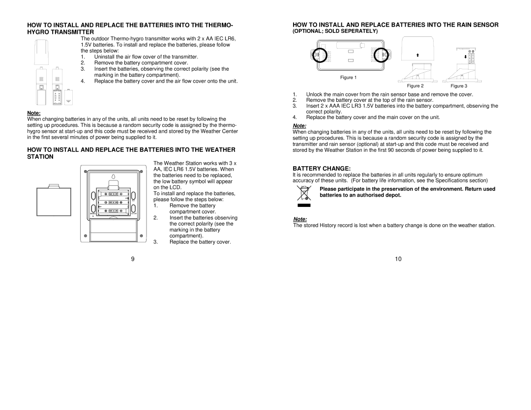 La Crosse Technology WS- 1912 instruction manual HOW to Install and Replace Batteries Into the Rain Sensor, Battery Change 