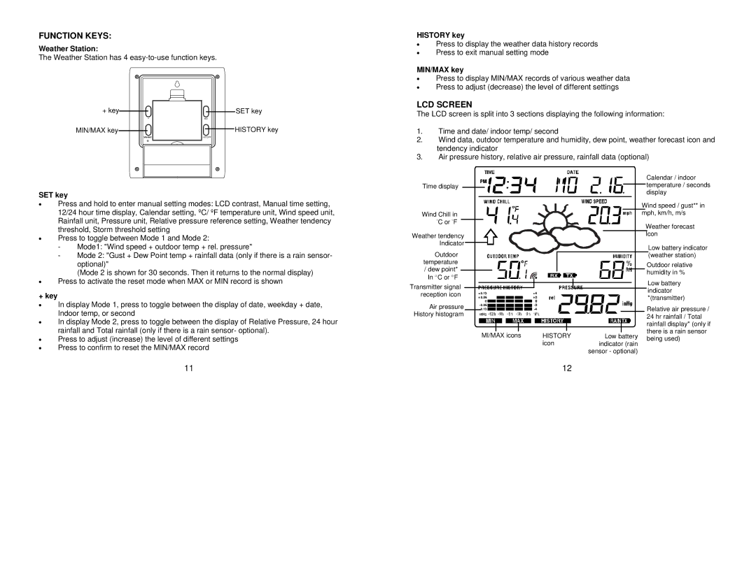 La Crosse Technology WS- 1912 instruction manual Function Keys, LCD Screen 