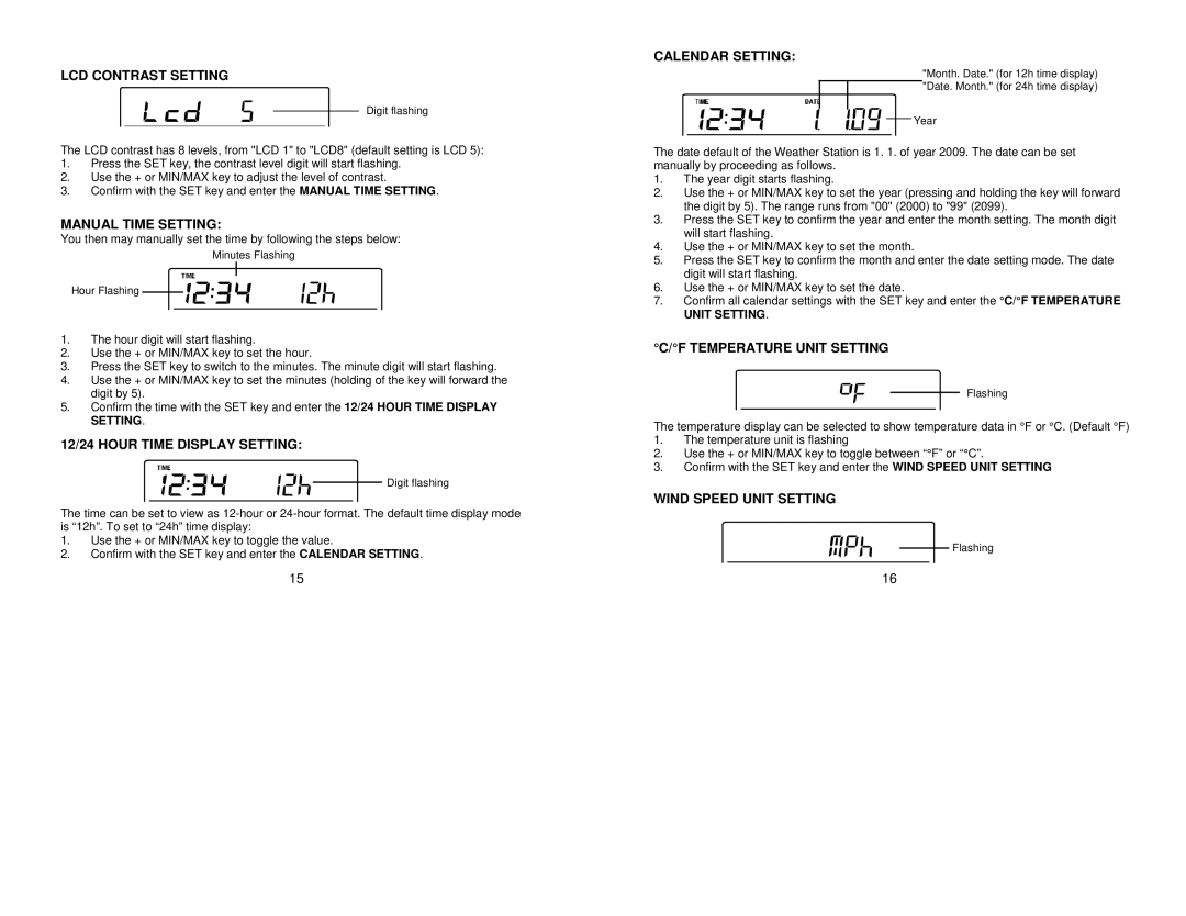 La Crosse Technology WS- 1912 LCD Contrast Setting, Manual Time Setting, 12/24 Hour Time Display Setting, Calendar Setting 